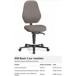 CHAISE ESD BASIC ROULETTES CONTACT PERM. INCL ASS. TISSU GRIS